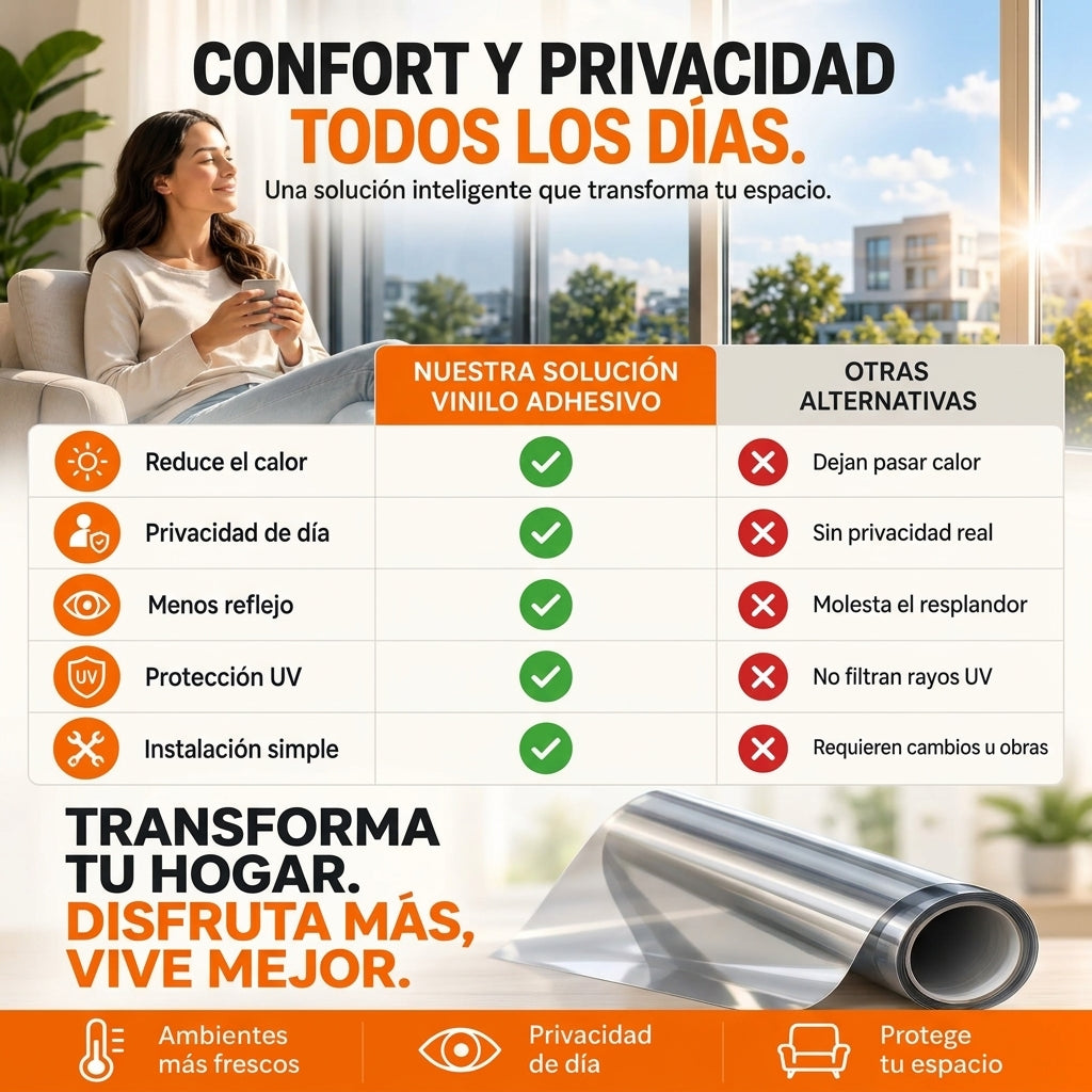 Vinilo Adhesivo Anti-UV para Ventanas 60 cm x 3 Metros | Más Privacidad y Menos Sol Directo