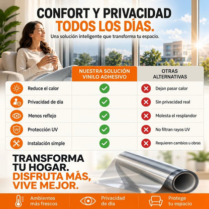 Vinilo Adhesivo Anti-UV para Ventanas 60 cm x 3 Metros | Más Privacidad y Menos Sol Directo