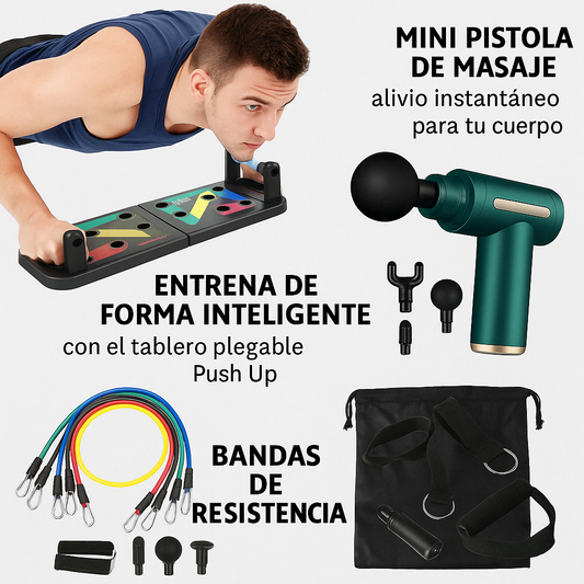 Kit fitness: Tablero Plegable Push Up + Mini Pistola de Masaje + Bandas de Resistencia